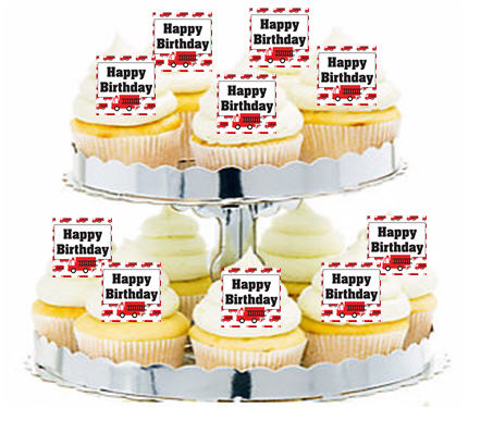 24ct Fire Engine Happy Birthday Cupcake  Decoration Toppers - Picks