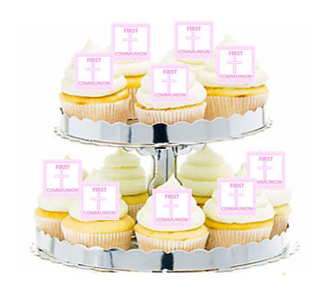 24ct First Communion Pink Cross Cupcake  Decoration Toppers - Picks
