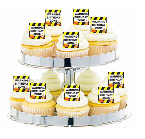 24ct Construction Warning Birthday Zone Cupcake  Decoration Toppers - Picks