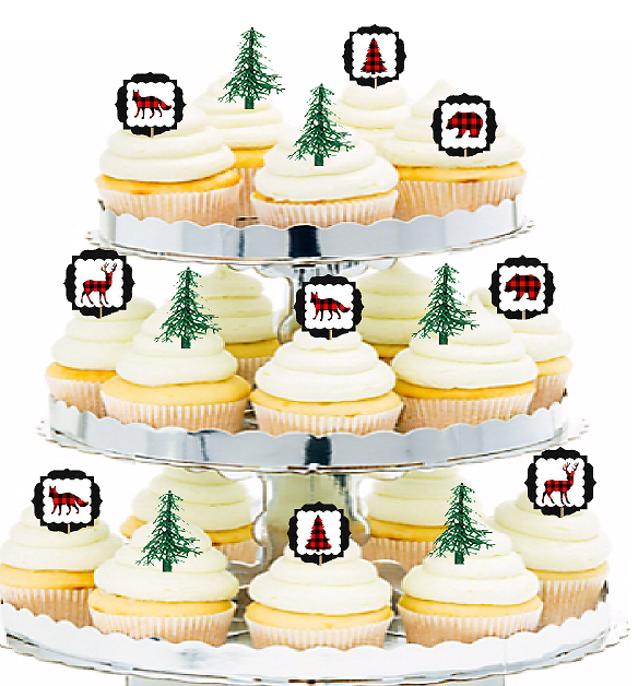 Lumberjack Forest Friends Cupcake Decoration Toppers with Evergreen -24pk