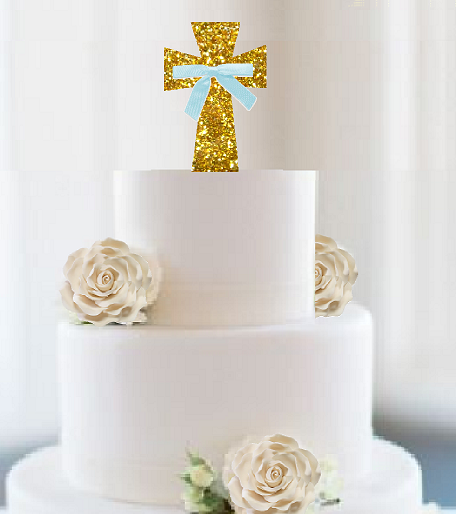 First Communion - Christening - Baptism Cake Decoration Gold Glitter Cross- Blue Bow