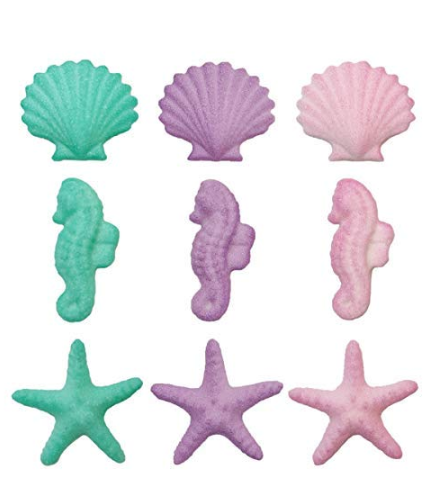 Shimmering Pink Purple Teal Seahorses, Starfish & Shells Edible Sugar Cake & Cupcake Decorations 12ct