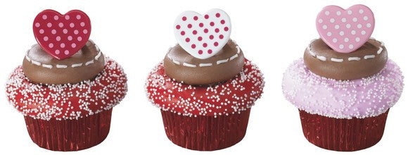 Polka Dot Hearts Cupcake - Desert - Food Decoration Topper Rings 12ct