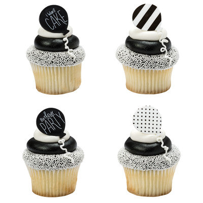 Black & White Modern Happy Birthday Cupcake - Desert - Food Decoration Topper Rings 12ct