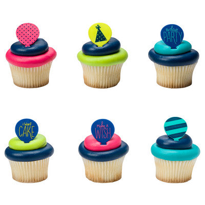 Bright Birthday Balloons Cupcake - Desert - Food Decoration Topper Rings 12ct