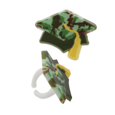Camouflage Grad Hat Cupcake - Desert - Food Decoration Topper Rings 12ct
