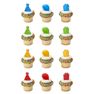 Happy Birthday Icons Cupcake - Desert - Food Decoration Topper Rings 12ct