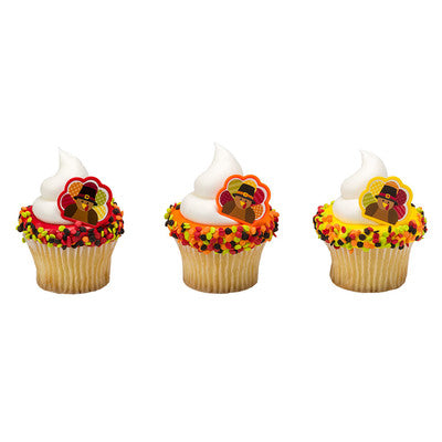 Happy Turkey Cupcake - Desert - Food Decoration Topper Rings 12ct