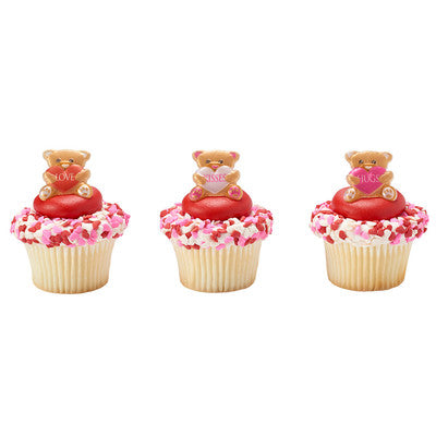 Bear Hearts Cupcake - Desert - Food Decoration Topper Rings 12ct