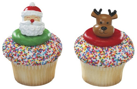 Jolly Santa & Reindeer Cupcake - Desert - Food Decoration Topper Rings 12ct