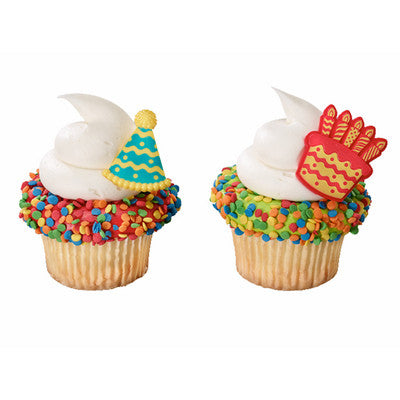 Birthday Hat & Cake Cupcake - Desert - Food Decoration Topper Rings 12ct