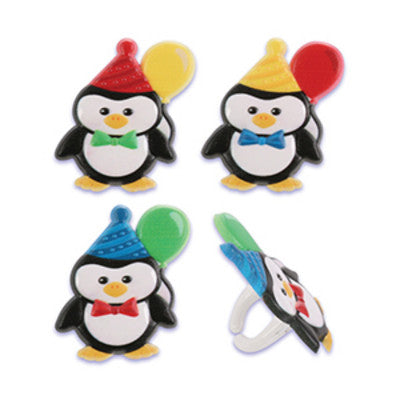 Party Animal Penguins Cupcake - Desert - Food Decoration Topper Rings 12ct