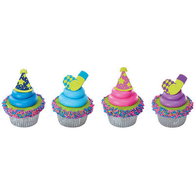 Party Hat & Horn Cupcake - Desert - Food Decoration Topper Rings 12ct