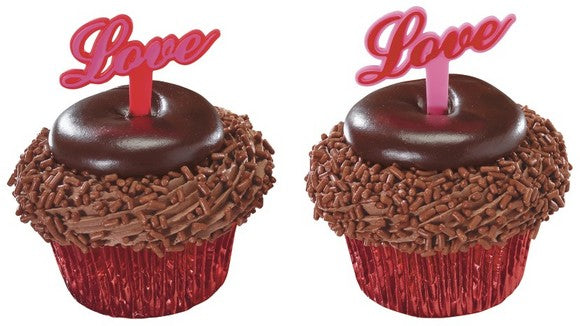 Love Heart Valentines Day Red & Pink Cursive   Cupcake - Desert  Decoration Topper Picks 12ct