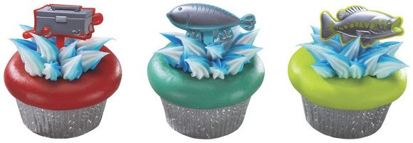Metalic Fishing Tackle Box Fish  Cupcake - Desert  Decoration Topper Picks 12ct