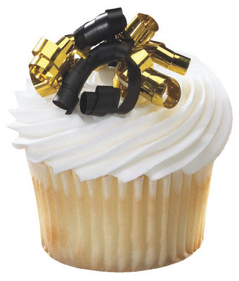 Small Black & Gold Curly Ribbon  Cupcake - Desert  Decoration Topper Picks 12ct
