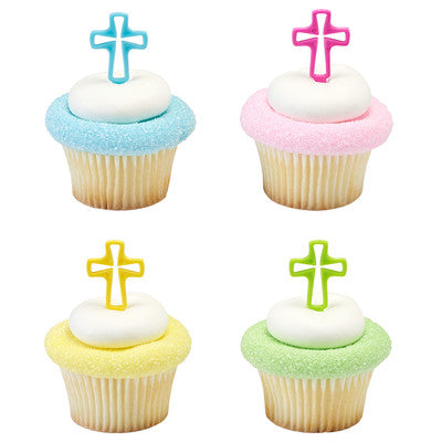 Bright Cross Religious Picks Blue Pink Yellow Green   Cupcake - Desert  Decoration Topper Picks 12ct
