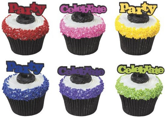 Party Celebrate Red Pink Yellow Blue Purple Green  Cupcake - Desert  Decoration Topper Picks 12ct