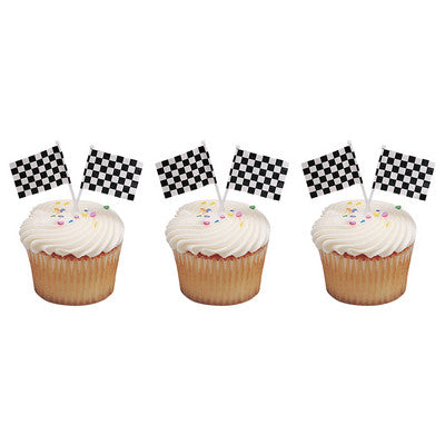 Checkered White & Black Racing Flags  Cupcake - Desert  Decoration Topper Picks 12ct