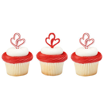 Double Hearts Valentine Love Red  Cupcake - Desert  Decoration Topper Picks 12ct