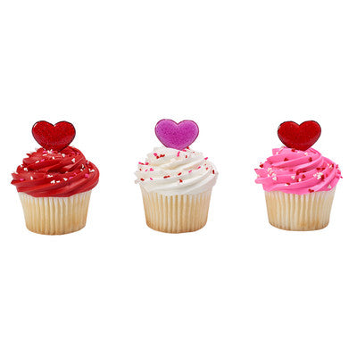 Glitter Hearts Translucent Valentine Love   Cupcake - Desert  Decoration Topper Picks 12ct