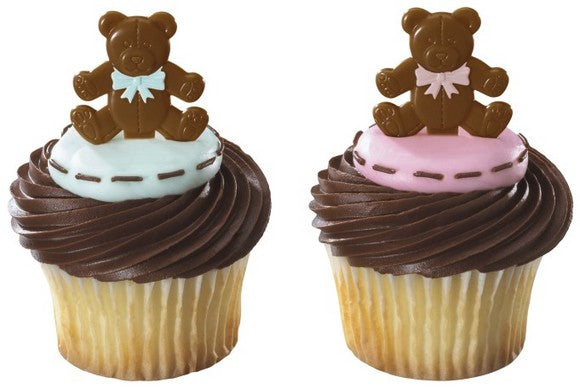 Brown Baby Bear Pink & Blue Bow Ties  Cupcake - Desert  Decoration Topper Picks 12ct