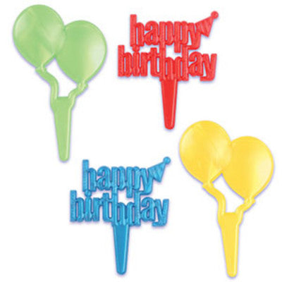 Happy Birthday Balloons & Script Green Yellow Red Blue  Cupcake - Desert  Decoration Topper Picks 12ct