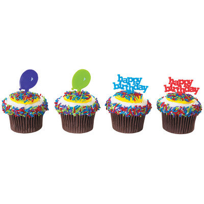 Happy Birthday & Balloons   Cupcake - Desert  Decoration Topper Picks 12ct