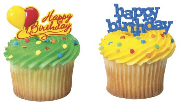 Happy Birthday Assorted Blue Red Yellow   Cupcake - Desert  Decoration Topper Picks 12ct