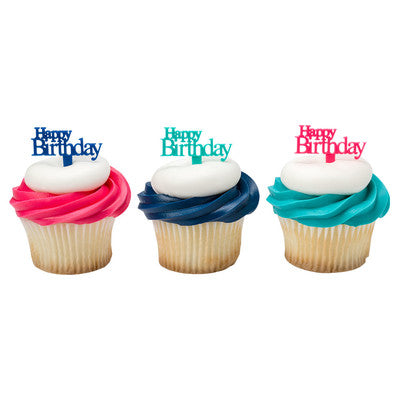 Happy Birthday Navy Teal Hot Pink  Cupcake - Desert  Decoration Topper Picks 12ct