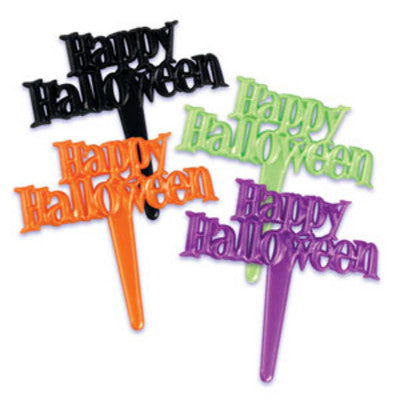 Happy Halloween Scripts Spooky Black Orange Green Purple  Cupcake - Desert  Decoration Topper Picks 12ct