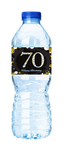 Happy 70th Birthday-Black&Gold Personalized Water Bottle Labels-12pack