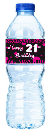 Happy 21st Birthday-Pink Zebra&Leopard-Personalized Water Bottle Labels-12pack