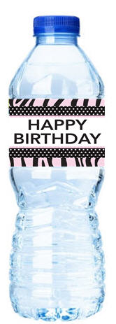 Happy Birthday-Pink Zebra-Personalized Water Bottle Labels-12pack
