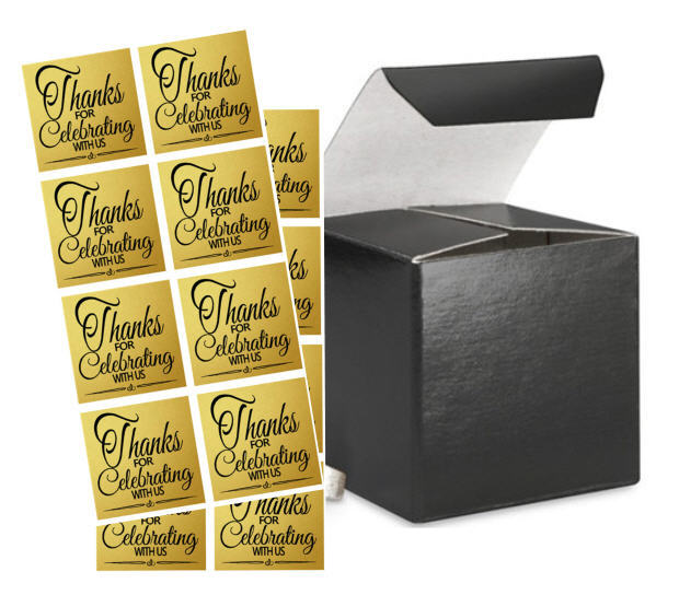 4 x 4 x 4" Black Gloss  Wedding Gift Candy & Party Favor Boxes w. Sticker Seals -24pack