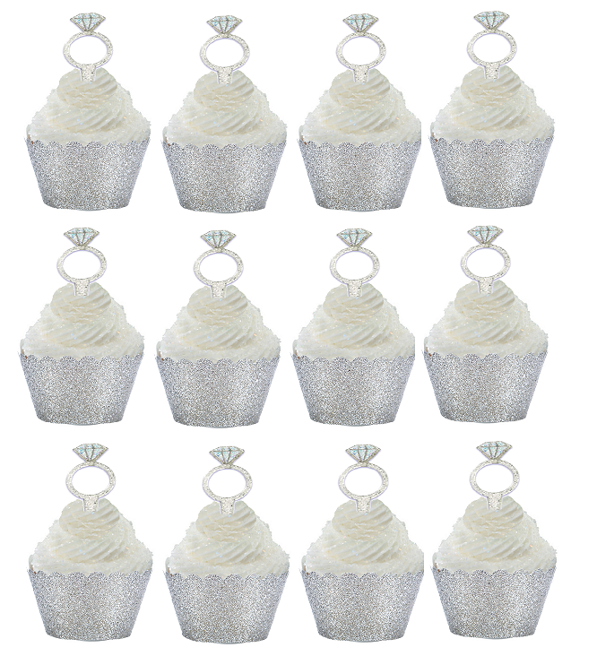 24pk Diamond Ring Wedding Bridal Shower Cupcake Toppers w Silver Glitter Wrappers