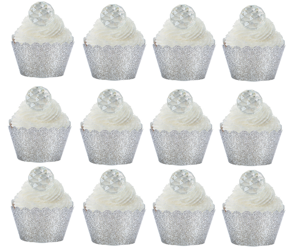 12pk Gem Ring Wedding Bridal Shower Cupcake Toppers w Silver Glitter W ...