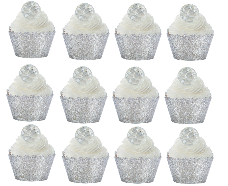 12pk Gem Ring Wedding Bridal Shower Cupcake Toppers w Silver Glitter Wrappers