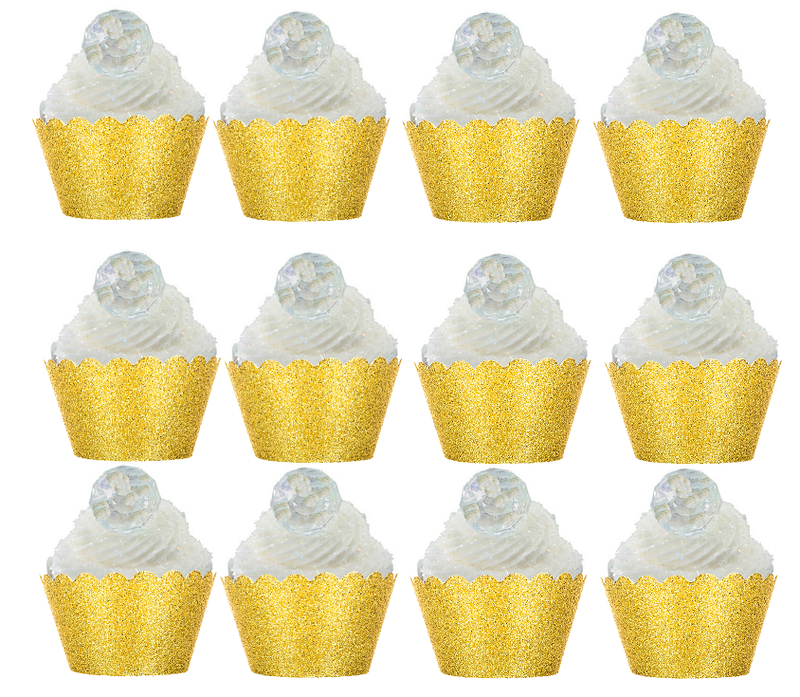 12pk Gem Ring  Wedding Bridal Shower Cupcake Toppers w Gold Glitter Wrappers