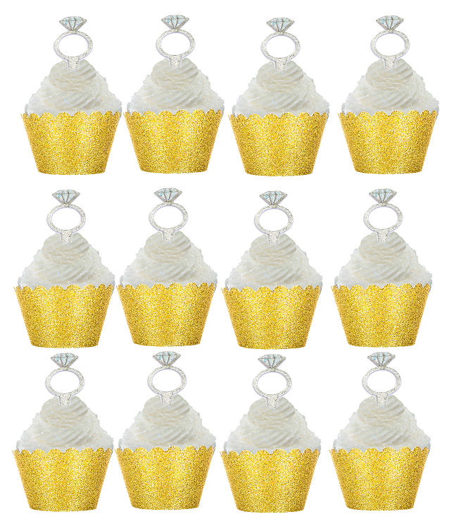 24pk Diamond Ring Wedding Bridal Shower Cupcake Toppers w Gold Glitter Wrappers
