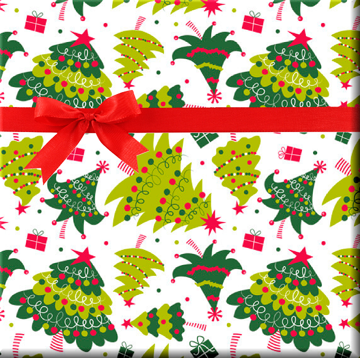 Red White Green Whimsicaly Holiday Trees Gift Wrapping Paper 15ft