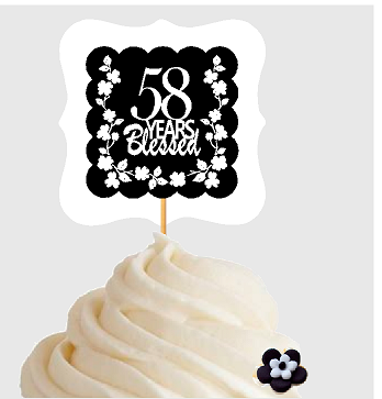 58th Birthday - Anniversary Blessed Cupcake Decoration Toppers  Picks -12ct