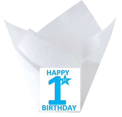 Happy 1st Birthday White Tulip Baking Cup Liners - 12pack- Blue