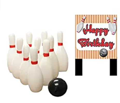 Bowling Pins and Ball & Happy Birthday Plaque Cake Decoration Topper
