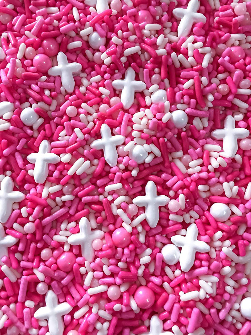 Pink And White Cross Cupcake Cake Decoration Confetti Sprinkles Cake Cookie Icecream Donut Jimmies Quins 6oz