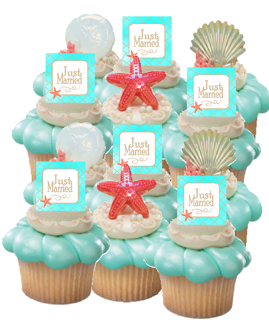 12pack Just Married Beach Sand Seashells Cupcake Decoration Toppers