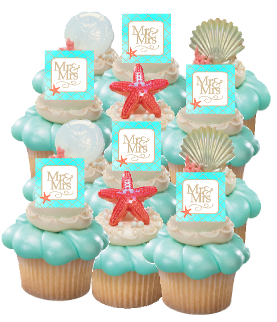 12pack Mr & Mrs Beach Sand Seashells Cupcake Decoration Toppers