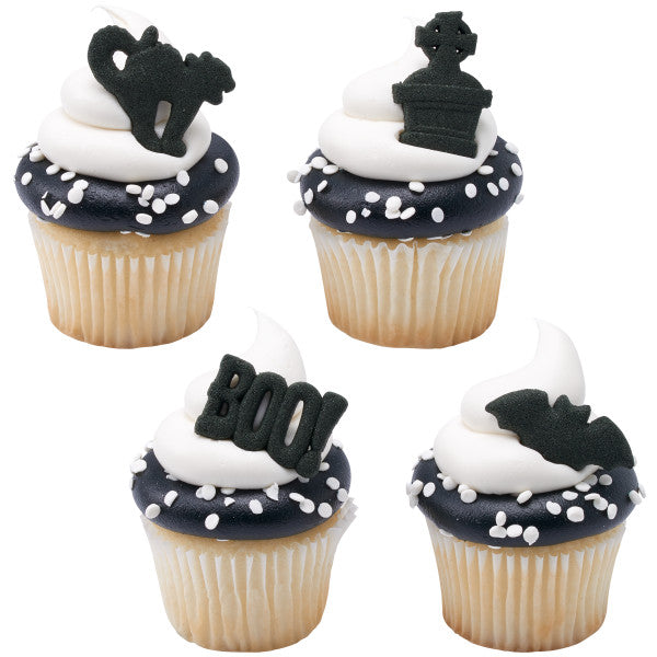 Halloween Bat Cat Tombstone Boo Silouhette Edible Dessert Toppers Cake Cupcake Sugar Icing Decorations -12ct